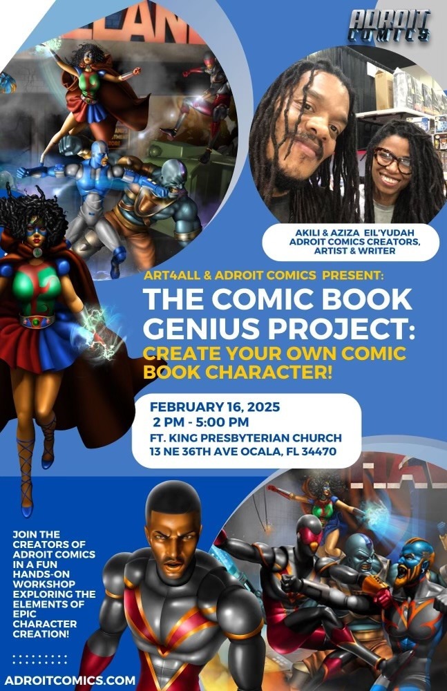 Free comic book character workshop with Akili and Aziza Eil’Yudah, Sunday, February 16, from 2 – 5